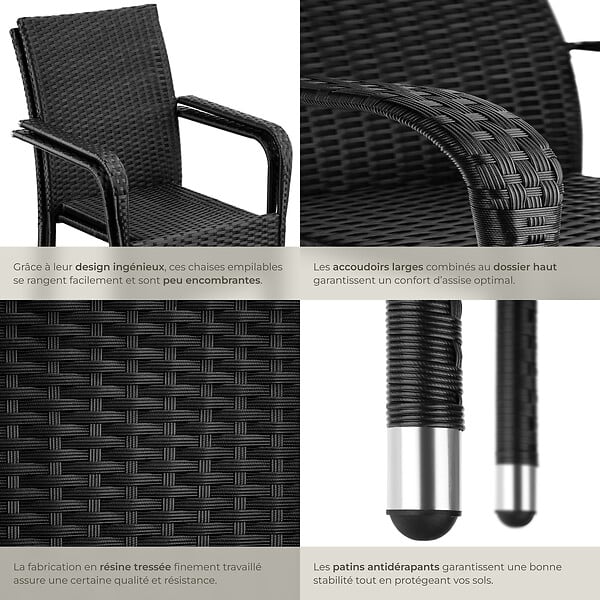 TECTAKE - Chaise en résine tressée GIRONA avec une capacité de charge de 120 kg noir - large