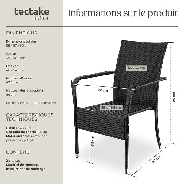 TECTAKE - Chaise en résine tressée GIRONA avec une capacité de charge de 120 kg noir - large