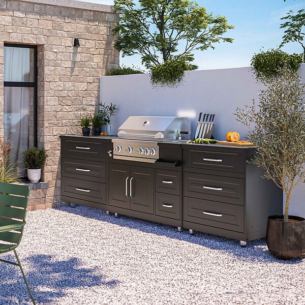OVIALA - Cuisine d'extérieur 3 éléments avec barbecue noir - large