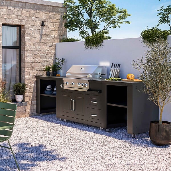 OVIALA - Cuisine d'extérieur 3 élements avec barbecue noir - large