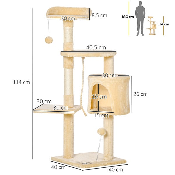 PAWHUT - Arbre à chats multi-équipements griffoirs grattoirs plateformes niche corde jouets 40L x 40l x 114H cm beige - large