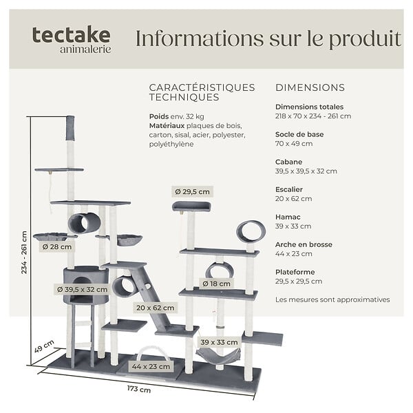 TECTAKE - Arbre à Chat Snooky 261 cm gris - large