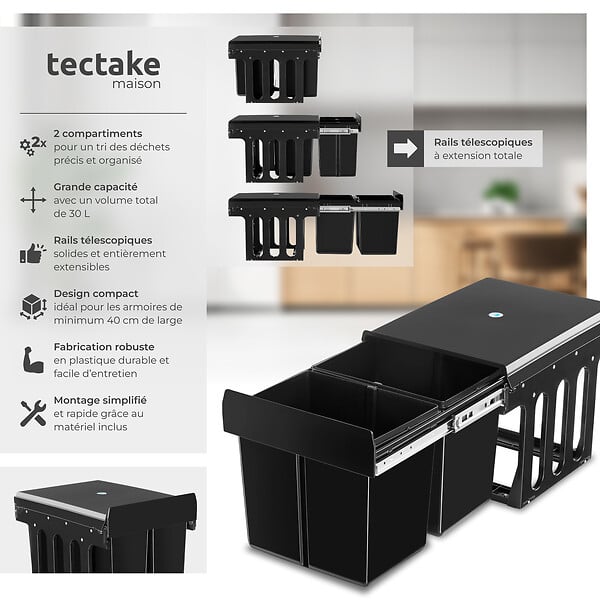 TECTAKE - Poubelle tri en plastique noir 2 bacs spacieux avec rails télescopiques 35x48x35 cm - large