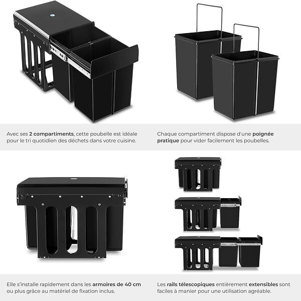 TECTAKE - Poubelle tri en plastique noir 2 bacs spacieux avec rails télescopiques 35x48x35 cm - large