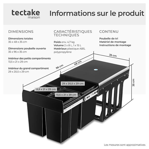 TECTAKE - Poubelle de tri ASHLYN 31 L avec 3 compartiments noir - large