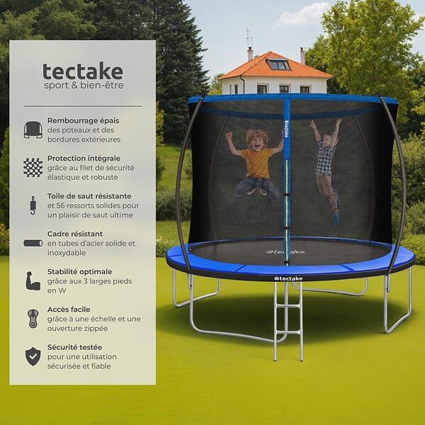 TECTAKE - Trampoline JUMPY avec filet de sécurité noir/bleu - large
