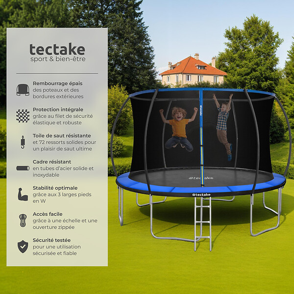 TECTAKE - Trampoline JUMPY avec filet de sécurité noir/bleu - large