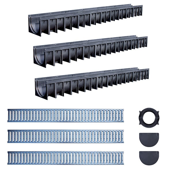 FITT - Kit 3 caniveaux en polyéthylène avec grilles en acier galvanisé 100x12x9,2cm soit 3 mètres - large