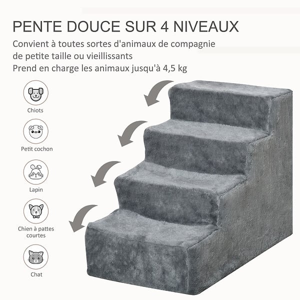 PAWHUT - Escalier pour chat - escalier pour chien - 4 marches - revêtement flanelle grande douceur haute densité - structure panneaux particules - gris - large