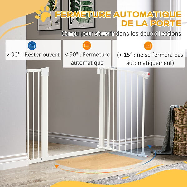 PAWHUT - Barrière de sécurité animaux réglable 76-103L cm - porte 2 verrouillages, ouverture 2 sens - acier ABS blanc - large