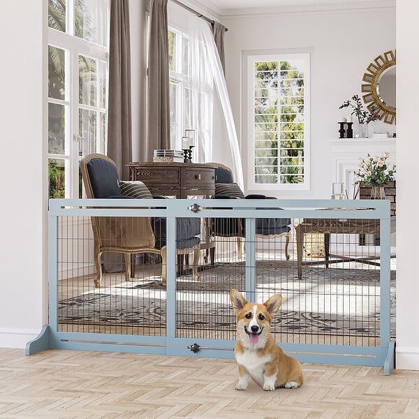 PAWHUT - Barrière de sécurité chien barrière autoportante longueur réglable dim. 104-183L x 36l x 69H cm bois pin gris acier noir - large