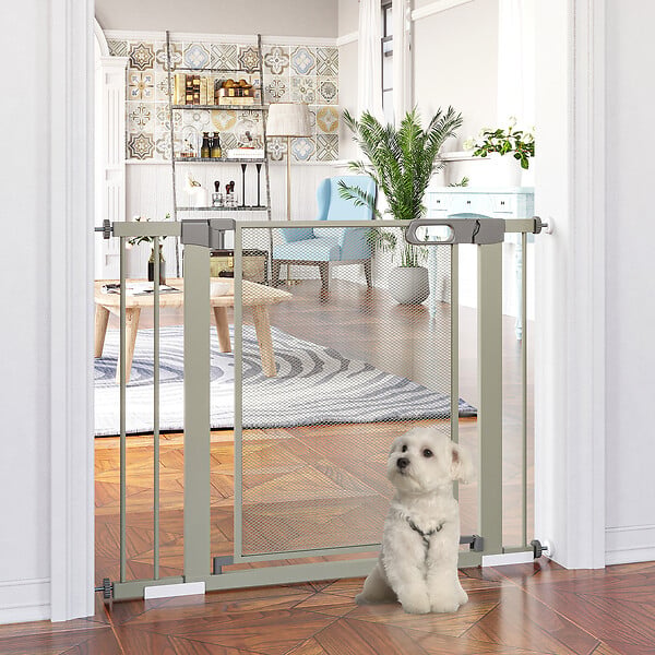 PAWHUT - Barrière de sécurité animaux - longueur réglable dim. 75-103 cm - porte double verrouillage, ouverture double sens -sans perçage - acier ABS gris - large
