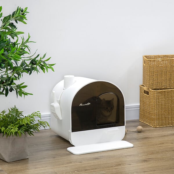 PAWHUT - Maison de toilette bac à litière pour chat avec porte battante, pelle et filtre inclus dim. 43L x 44l x 47H cm PP blanc marron fumé - large