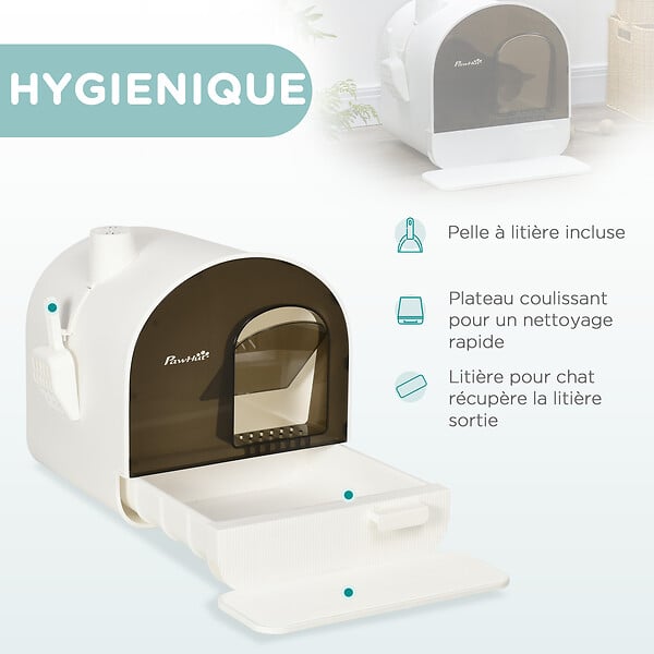 PAWHUT - Maison de toilette bac à litière pour chat avec porte battante, pelle et filtre inclus dim. 43L x 44l x 47H cm PP blanc marron fumé - large