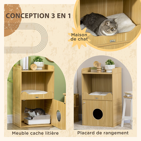 PAWHUT - Maison de toilette chat - porte, niche avec coussin, plateau - panneaux aspect bois clair - large