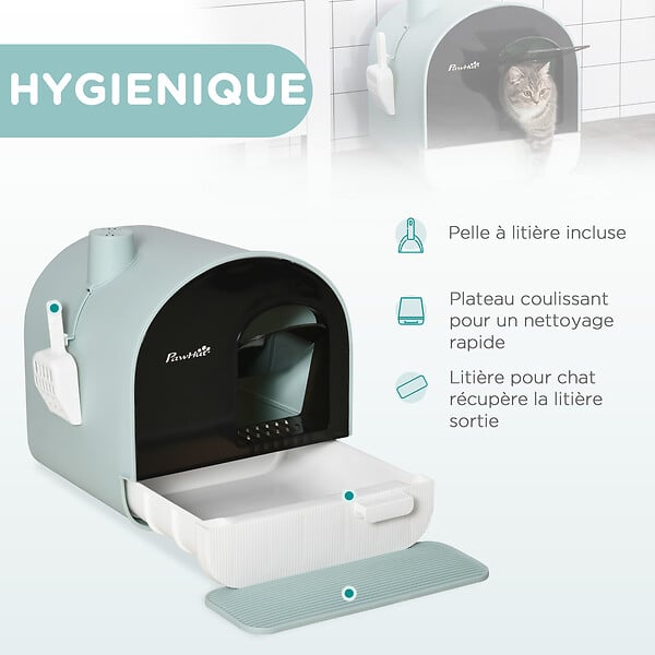 PAWHUT - Maison de toilette bac à litière pour chat avec porte battante, pelle et filtre inclus dim. 43L x 44l x 47H cm PP bleu - large
