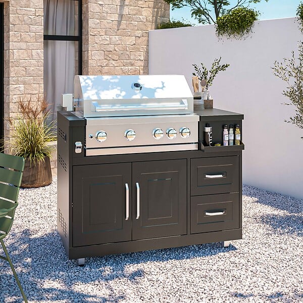OVIALA - Cuisine d'extérieur acier 4 éléments avec barbecue - large