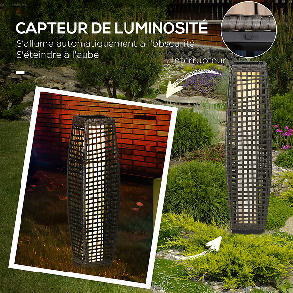 OUTSUNNY - Lampadaire LED solaire de jardin style colonial dim. 21L x 21l x 78H cm résine tressée filaire grise - large
