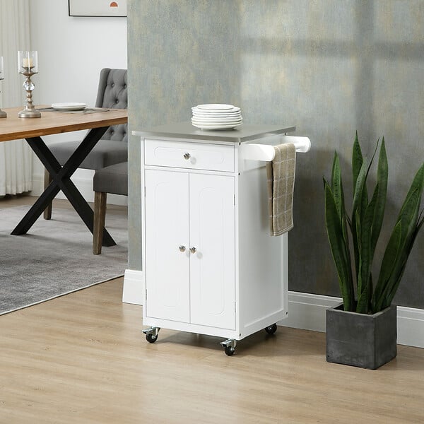 HOMCOM - Desserte de cuisine multi-rangements 1 tiroir placard 2 portes avec étagère porte-torchons MDF blanc acier inox. - large