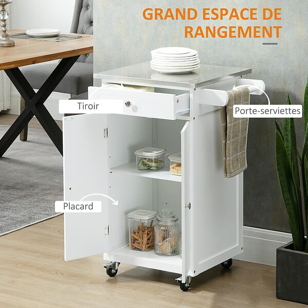 HOMCOM - Desserte de cuisine multi-rangements 1 tiroir placard 2 portes avec étagère porte-torchons MDF blanc acier inox. - large