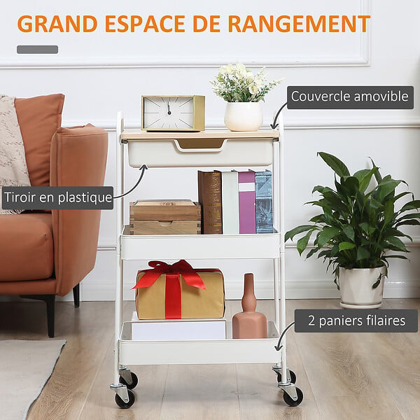 HOMCOM - Desserte de cuisine chariot de service 2 étagères tiroir plateau aspect bois clair acier PP blanc - large