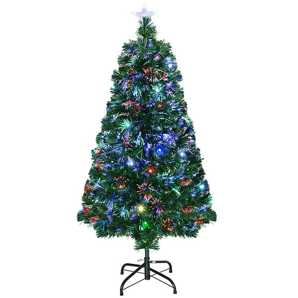 HOMCOM - Sapin de Noël artificiel lumineux fibre optique LED multicolore + support pied Ø 60 x 120H cm 130 branches étoile sommet brillante vert - large