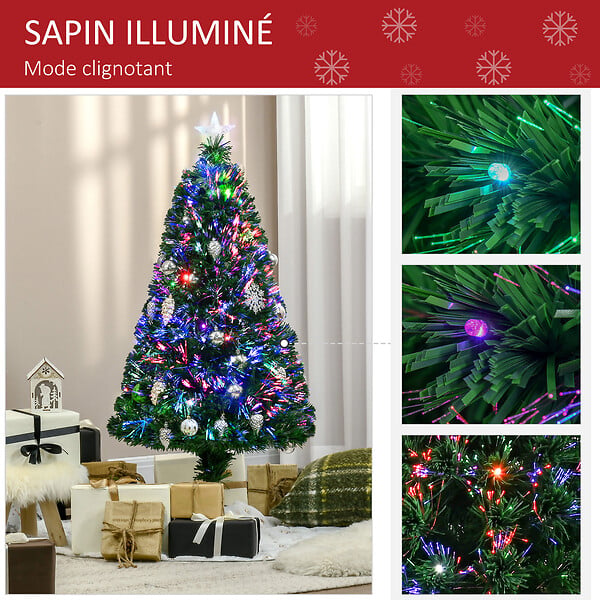 HOMCOM - Sapin de Noël artificiel lumineux fibre optique LED multicolore + support pied Ø 60 x 120H cm 130 branches étoile sommet brillante vert - large