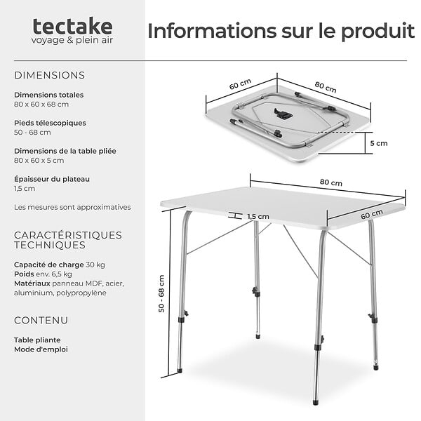 TECTAKE - Table pliante hauteur ajustable gris - large