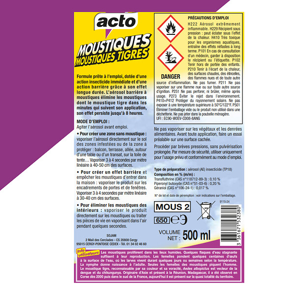 ACTO - Aérosol barrière anti-moustiques - 500ml - large