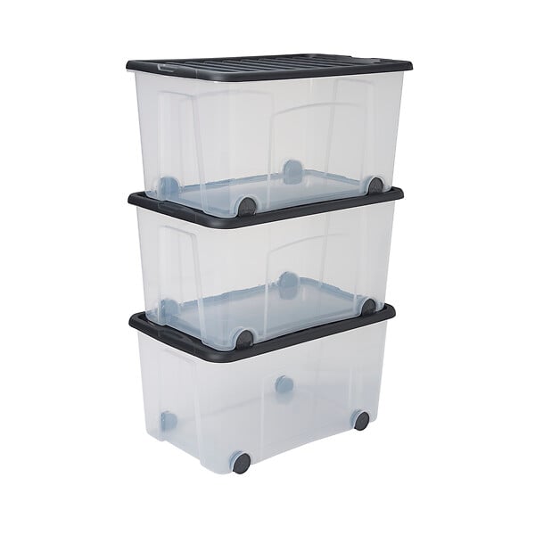 SUNDIS - Bac de rangement sur roulettes - Noir - Lot de 3 - 50L - large