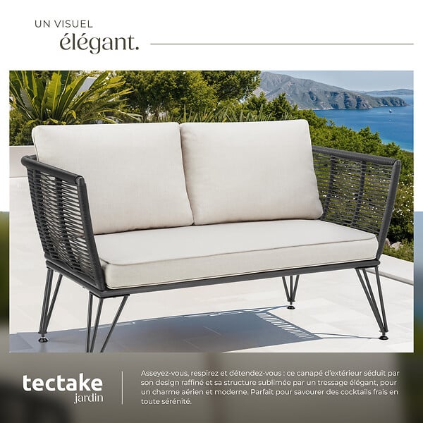 TECTAKE - Canapé de jardin SUNDO en résine tressée gris anthracite - large