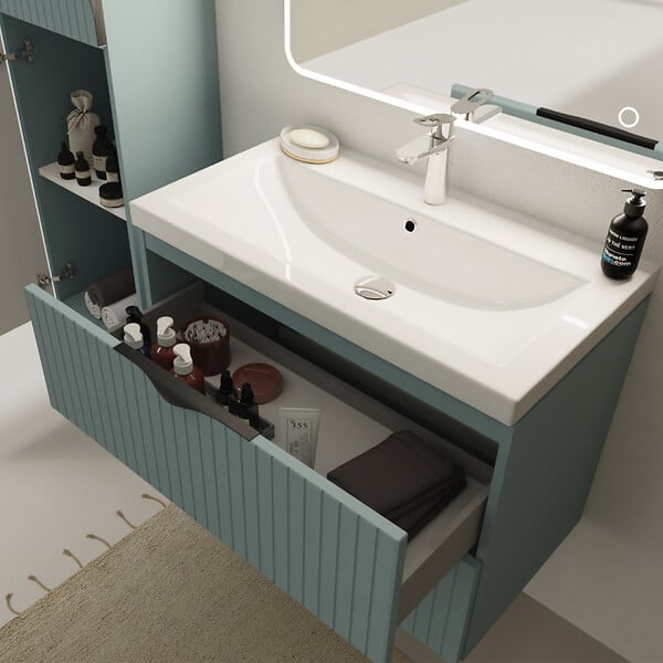CERSANIT - Meuble salle de bain strié - 80 cm - avec plan vasque - Vert fjord mat - à suspendre - Tirso - large