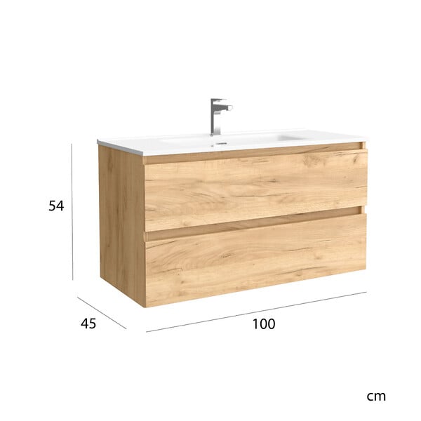 PLANETE BAIN - Meuble salle de bain - 100 cm - avec plan vasque - Effet chêne brut - A suspendre - KARAIB - large