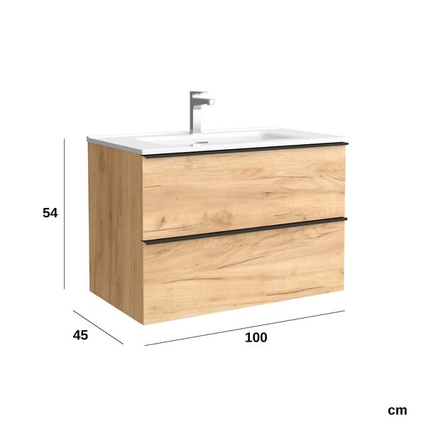 PLANETE BAIN - Meuble salle de bain - 100 CM - avec plan vasque - Effet chêne brut - poignées noires - A suspendre - ARUBA - large