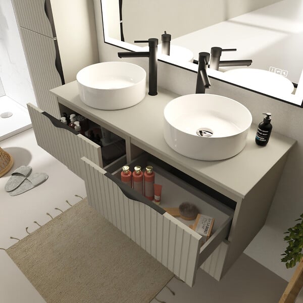 CERSANIT - Meuble salle de bain strié 120 cm pour vasque à poser - Beige cachemire mat - à suspendre - Tirso - large