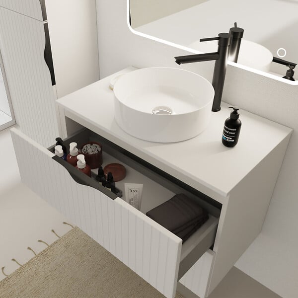 CERSANIT - Meuble salle de bain strié 80 cm pour vasque à poser - Blanc mat - à suspendre - Tirso - large