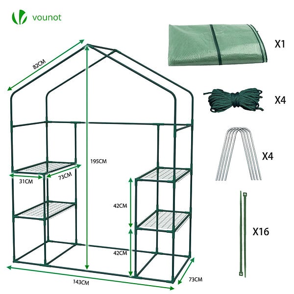 VOUNOT - Serre de jardin avec etageres et bache PE renforcee 135g/m2 143x73x195cm Vert - large