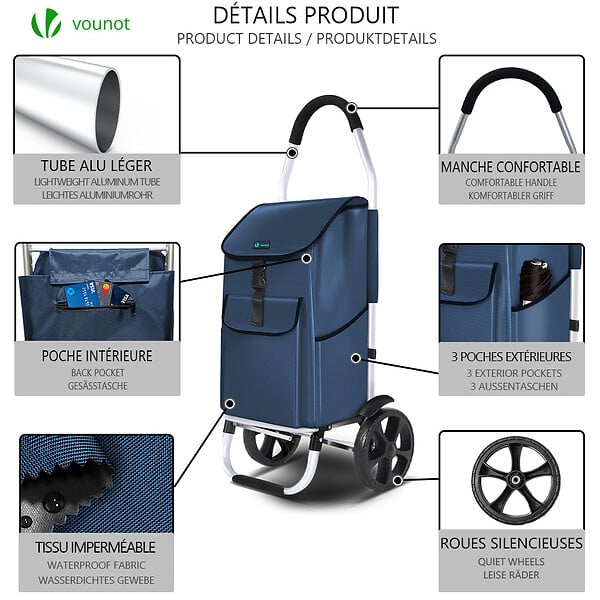 VOUNOT - Chariot de course pliable aluminium 2 roues bleu marine - large