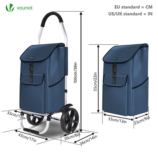 VOUNOT - Chariot de course pliable aluminium 2 roues bleu marine - large