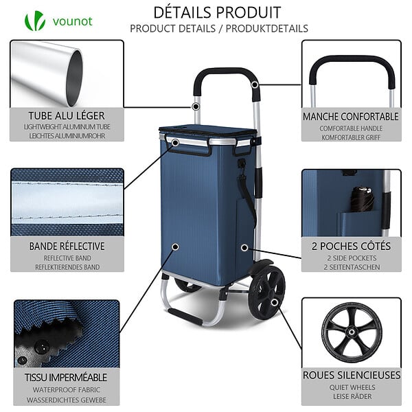 VOUNOT - Chariot de course pliable aluminium 2 roues avec sac isotherme bleu marine - large