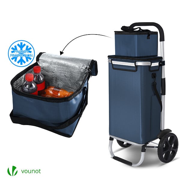 VOUNOT - Chariot de course pliable aluminium 2 roues avec sac isotherme bleu marine - large