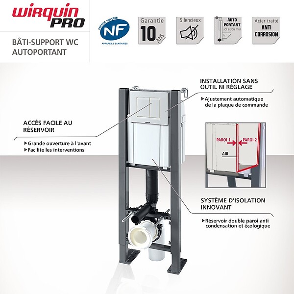 THALASSOR - Pack WC Bâti universel Wirquin Pro + Cuvette COMPACT sans bride 49 cm + Plaque blanche - large