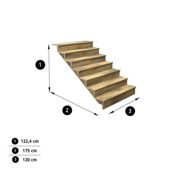 DECKLINEA - Escalier Bois Exterieur - 7 Marches Pleines - Largeur : 1m20 - Hauteur : 1m19 - Avec Contremarches - Pin du Nord - Traité Autoclave - large