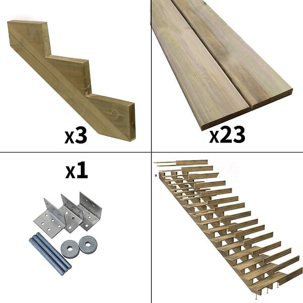 DECKLINEA - Escalier Bois Exterieur - 15 Marches Pleines - Largeur : 1m20 - Hauteur : 2m55 - Avec Contremarches - Pin du Nord - Traité Autoclave - large