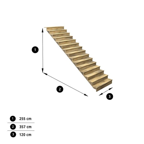 DECKLINEA - Escalier Bois Exterieur - 15 Marches Pleines - Largeur : 1m20 - Hauteur : 2m55 - Avec Contremarches - Pin du Nord - Traité Autoclave - large