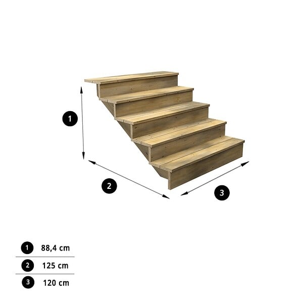 DECKLINEA - Escalier Bois Exterieur - 5 Marches Pleines - Largeur : 1m20 - Hauteur : 85cm - Avec Contremarches - Pin du Nord - Traité Autoclave - large