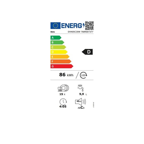 BEKO - lave-vaisselle 60cm 15 couverts 45db - DVN05C30W - large