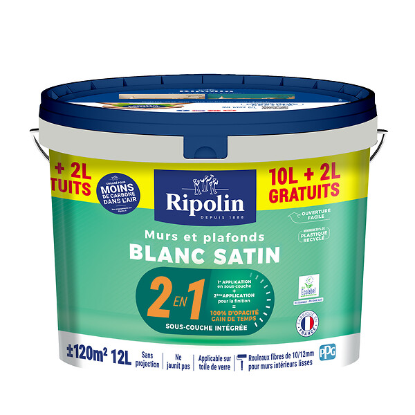 RIPOLIN - Peinture Acrylique RIPOLIN Murs Plaf 2 en 1 Blc Sat 10L+20% gratuits - large