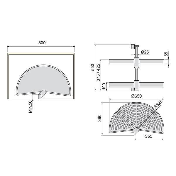 EMUCA - jeu de plateaux rotatifs Shelvo 1/2 lune, pour module de 800mm, plastique et aluminium, Gris - large