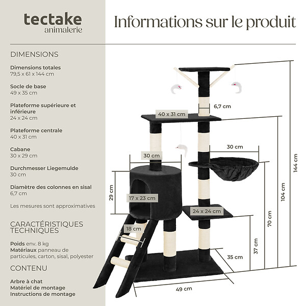 TECTAKE - Arbre à chat DOMINIQUE 142 cm noir - large